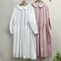 Robe midi décontractée ample pour femme 100 % coton à col Peter Pan, manches longues, broderie plissée, style vintage, coupe trapèze, OEM ODM