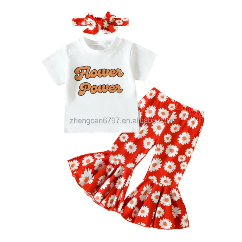 Knit Newborn Baby Outfit Girls Suits 4 Years Letter Printed Top Short Sleeve Floral Trousers Kids 2 Piece Set