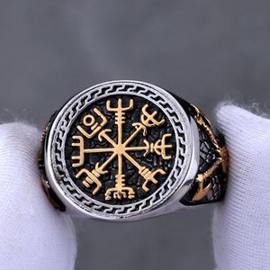 Bague en acier inoxydable couleur or avec boussole viking et runes, style hip-hop Europe et Amérique, accessoires de mode pour hommes - Product Image 6