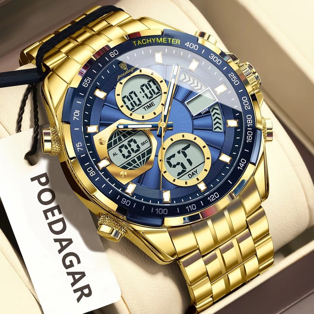 POEDAGAR E108 Multifunction Stainless Steel Chronograph Reloj Montre Waterproof Luminous Quartz Digital Dual Time Watch for Men
