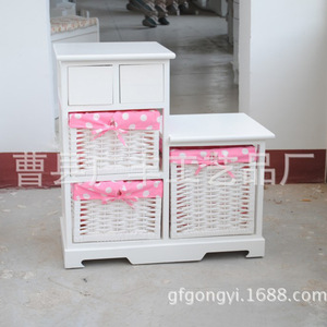 Mesita de noche de madera blanca con cestas de mimbre para almacenamiento, para muebles de dormitorio - Product Image 2