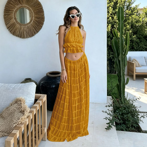 Ensemble jupe deux pièces décontracté en mousseline unie à volants, haut dos nu sans manches et jupe longue étagée, pour femme, plage et été - Product Image 2