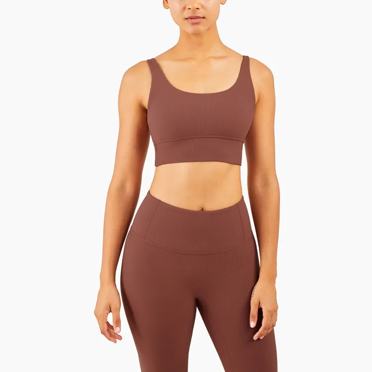 Women 2 Piece Ribbed Yoga Set Breathable Quick Dry Brown Sport Outfits Activewear Workout Clothing Gym Suit Fitness Sets