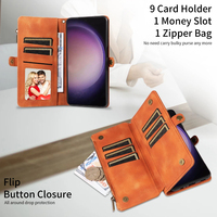 Dompet Kulit PU untuk Samsung S24 Ultra, 9 Slot Kartu + Kantong Koin Ber-resleting, Penyangga, Pemblokir RFID, 360 °   Perlindungan