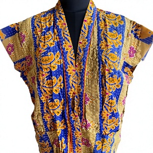 Chaqueta Étnica Reversible de Manga Corta, Multicolor, con Estampado Floral, 100% Algodón, Transpirable, con Costuras Kantha Tradicionales Indias - Product Image 1
