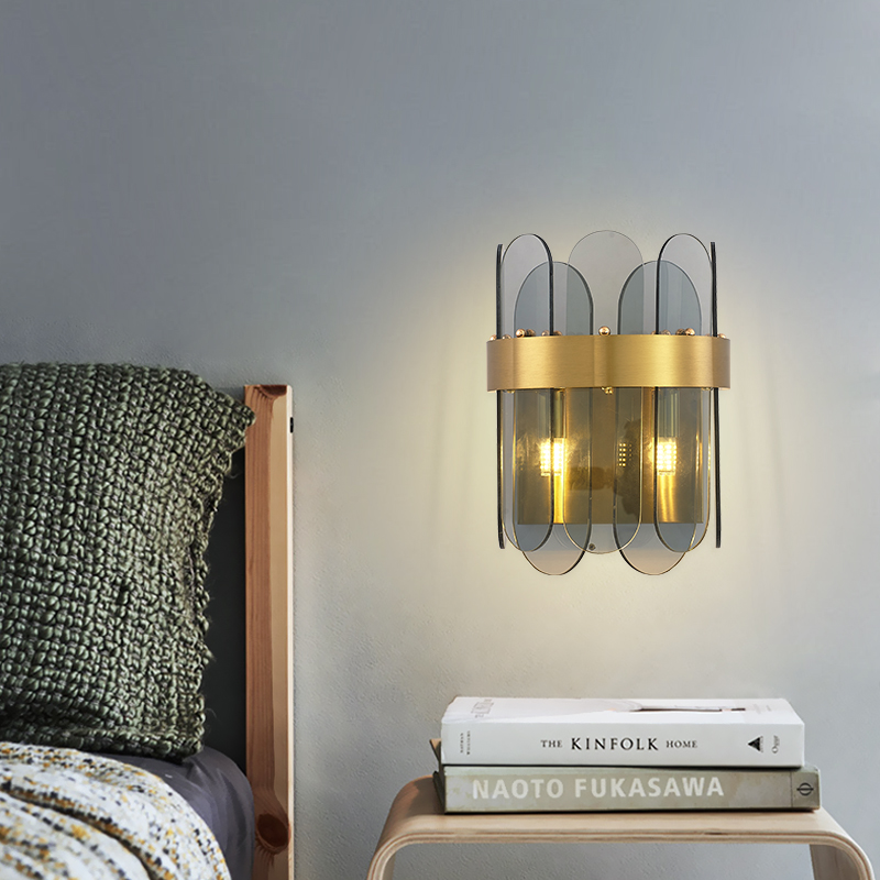 Modern smoke gray hammer glass wall lamp square wall corner hanging lamp Gold metal G9 led wall light fixture