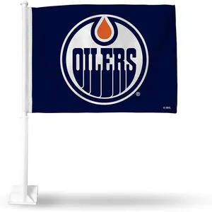 Promotional Product Hot Sale Cheap 100%polyester edmonton oilers car flag with plastic pole edmonton oilers flags