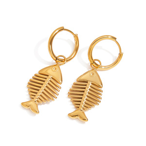 Boucles d'oreilles pendantes en forme d'arête de poisson, design squelette doré, pour femmes, à porter au quotidien - Product Image 1