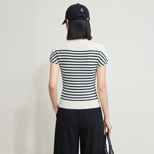 Blusa Casual Estiva 2026 da <span class=keywords><strong>Donna</strong></span> Miyake Eco-Friendly a Maniche Corte, Plissettata, Elastica, Compressa, Traspirante, a Righe, con Collo Alto - Product Image 5