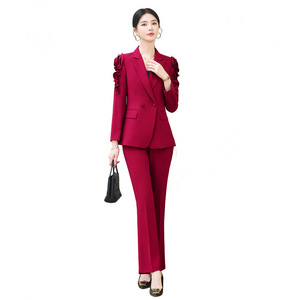 Women's Suit Set Solid Color Ruffle Sleeve Blazer Pants Work Wear Spring Autumn Polyester Fiber Casual Suit - Product Image 5