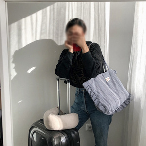 Tùy chỉnh Ruffle vai lớn túi kẻ sọc mô hình lớn Shopper túi cao cấp bông vải mua sắm Tote Túi với nhãn Logo - Product Image 6