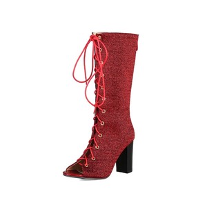 Bottes en tissu de nylon sur mesure avec un style à la mode et scintillant, et bottes à talons épais avec sangles - Product Image 3