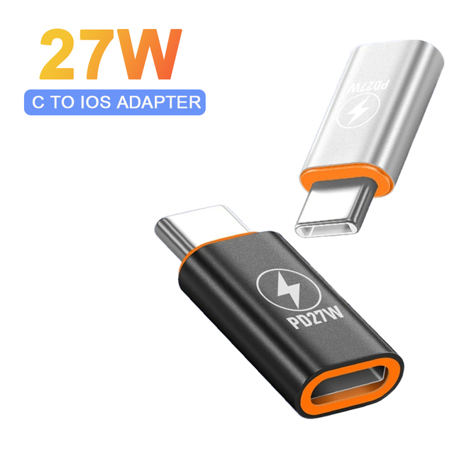 27W USB Type-C Male to IOS Female Adapter for iPhone 15/16 & for Mobile Phones Fast Charging Aluminum Alloy Silver & Black