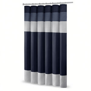 Cortina de Ducha de Seda Sintética, Diseño Moderno y Minimalista, Rayas Azul Marino y Blancas, Decoración de Baño, 72x72 Pulgadas - Product Image 1