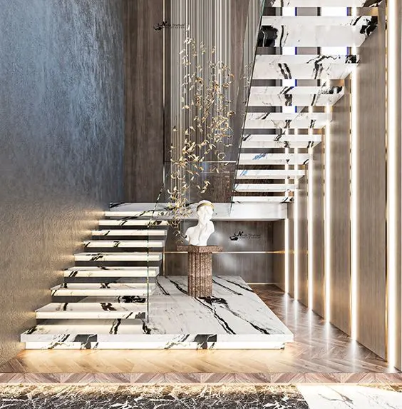 Foshan कारखाने अनुकूलित घुमावदार सीढ़ी संगमरमर टाइल्स ग्रांड सीढ़ी के साथ कांच रेलिंग