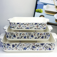 Set Peralatan Panggang Keramik 3 Buah Gaya Rustic dengan Dekorasi Bunga, Anti Lengket, Aman untuk Microwave dan Mesin Cuci Piring, Ramah Lingkungan