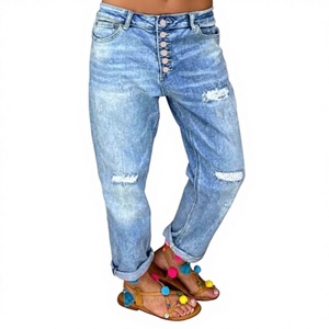 European and American <strong>Cross</strong>-border 2025 New Blue Ripped Denim Autumn Women's Loose Mid Waist Quick Dry Casual Straight-leg <strong>Jeans</strong> - Product Image 6