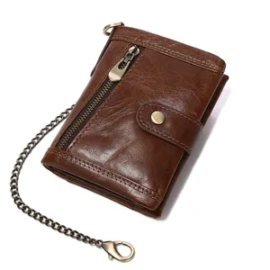 Luxury Design Anti-thef Chain Wallet for Men Genuine Leather ID/Credit Card Holder Coin Purse Hasp Zipper Male Short Clutch