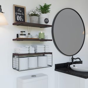 Étagère flottante murale en bois Étagères de salle de bain Étagères de salle de bain flottantes avec panier en fil métallique au-dessus des toilettes pour décoration murale - Product Image 5