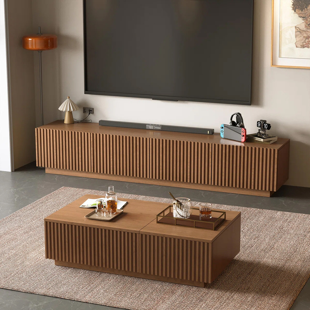 2 Piece Walnut Wood TV Stand Coffee Table Set Modern Japandi Fluted Living Room Media Console Storage OEM ODM Factory