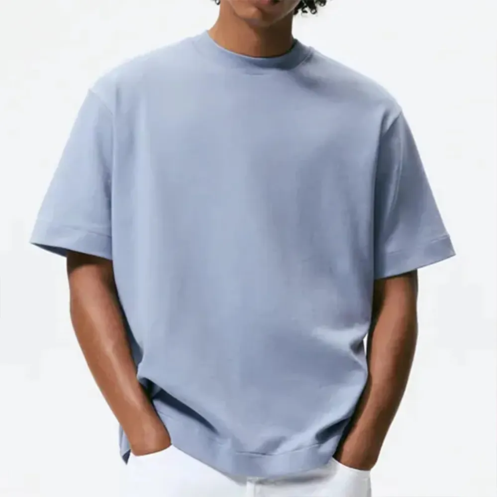 Kaus katun berat pria kaus oblong LOGO kustom desain kosong ukuran besar bahu jatuh leher O untuk pria