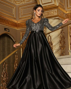 Nuova moda donna Sexy con scollo a V in raso Maxi abito a manica lunga lungo lungo pavimento con orlo grande per festa di nozze - Product Image 5
