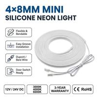 Bande LED néon flexible Micro 4x8mm IP67 Basse Tension 24V 3000K Blanc Chaud Connecteur Dupont Plug & Play pour Ambiance Placard/Étagère