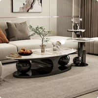 Table basse ovale en pierre frittée brillante de style italien avec base à double boule et ensemble de tables d'appoint - Luxe léger et minimaliste