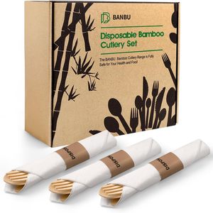 Voorgerolde Bamboe Bestekset 50 Pak Individueel Verpakte Composteerbare Vorken Messen Servetten Camping Bruiloften-6.7 "Wegwerp