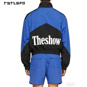 Wholesale Large Letter Print Color-Block Nylon Shorts <b>Set</b> with Stand-up Collar Windbreaker Jacket Men's Two Piece Street Outfit - Product Image 3