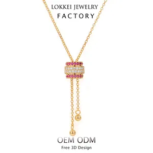 Delicado collar de cadena de estilo Lariat con colgante de cilindro de moissanita chapado en oro de 18 quilates con cuentas de plata esterlina