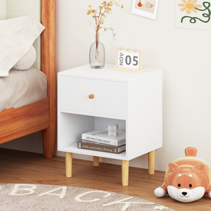 Mesita de noche de madera blanca con un cajón y un estante de 23,22'' de altura para niños y adultos - Product Image 4