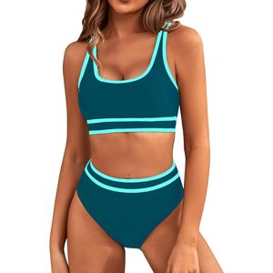 Women's High Waisted Bikini Set Sporty Two Piece Swimsuit Color Block <b>Tummy</b> <b>Control</b> Modest Bathing Suit - Product Image 1