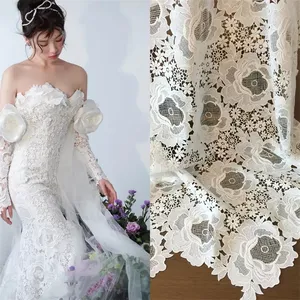 Haak Guipure Kant Stof Met Grote Rose Bloem Bruiloft Prom Dress Bridal Veil Diy 130Cm Breed Geborduurd