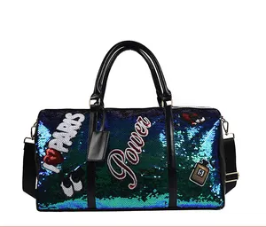 New Pink Sequin Duffel Bag Leather Travel sparkly duffle gym bags com compartimento de sapato sports duffle bags para as mulheres