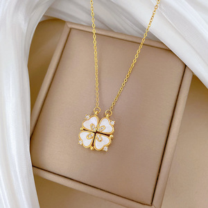 Collier pendentif trèfle à quatre feuilles pour femme, chaîne de clavicule en acier titane avec breloque cœur d'amour et fleur en diamant - Product Image 6