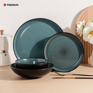 Oferta caliente: Juego de vajilla de lujo de 12 piezas con platos de cerámica y gres con esmalte reactivo verde y azul para hotel - Product Image 1