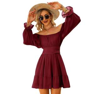 Long Sleeve Square Neck dresses women casual Lantern Sleeve <b>Lace</b> up mini dress Ruffle <b>Elastic</b> Waist A-line backless dress - Product Image 3