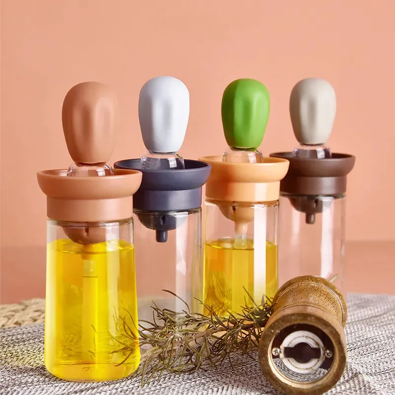 Kitchen Cooking BBQ Tool Silicone Glass 2 in 1 Oil Container With Brush Olive Oil Bottle