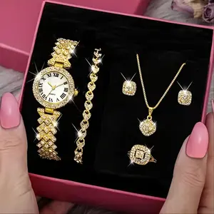Lüks moda kristal Rjinestone saat seti 5 adet elmas kolye küpe yüzük bilezik saatler kadınlar için Set takı seti hediye