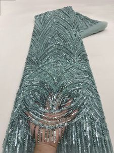 قماش دانتيل جديد من NI.AI بنمط مخطط مع لؤلؤ وترتر، قماش دانتيل قصير مزين بالخرز والترتر مع اللآلئ - Product Image 4