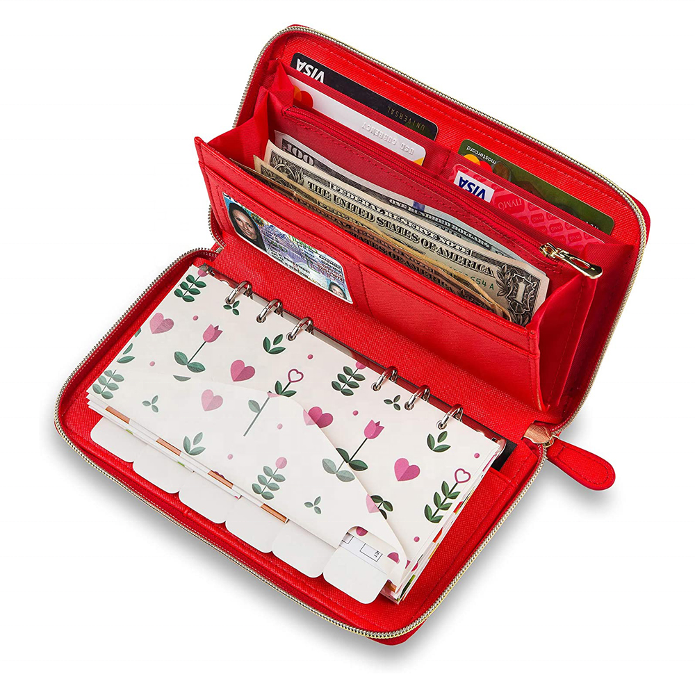 Индивидуальный Женский Длинный кошелек из искусственной кожи на молнии, бумажник для наличных, бумажник для бумажников A7, конверт для наличных с 12 бюджетными конвертами