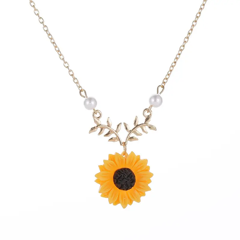 Minimalista Pearl Thriving Sunflower Wish Pingente Colares 14K Banhado A Ouro Dainty Cadeia Jóias Floral Personalizadas