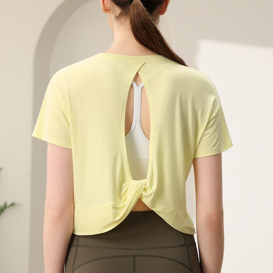 Breathable Modal Yoga Wear Beautiful Back Hollow-Out Fitness Short Sleeve Crew Neck Loose Casual Running Sport Top Women's