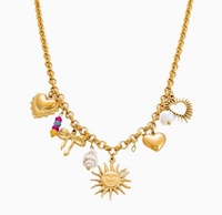Collier avec pendentif en acier inoxydable pour l'industrie lourde, plaqué or 18 carats, en forme de soleil, avec breloque cœur et perle d'imitation