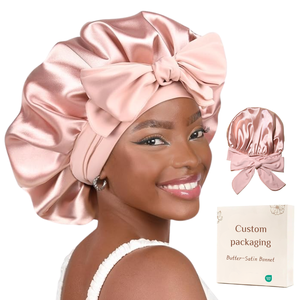 QINYAN Wide Band Adjustable Tie <strong>Bonnet</strong> Custom <strong>Bonnets</strong> with logo Womens Sleep Cap Wholesale Double Layer Satin Lined With Hair Band Pink - Product Image 1