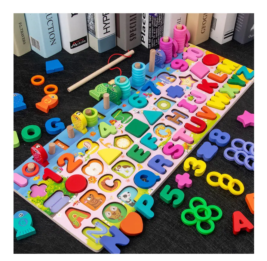 wholesale Montessori Educational Mathematics Smart Games fishing Sensory Toys Geometric Shapes wooden baby toy