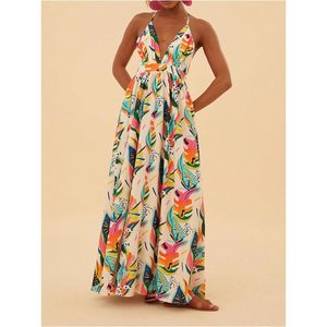 Vestido Maxi Halter con Estampado Botánico Colorido para Mujer, Cuello en V Profundo, Cintura Imperio, Corte en A, Atuendo de Vacaciones, Tejido Transpirable - Product Image 2