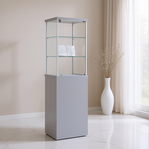 Vitrina Moderna de 45x45x175cm, Marco de Aluminio Gris Claro, Vidrio Templado, Puerta con Cerradura, Estantes Ajustables - Product Image 3