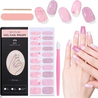 20 piezas de tiras de uñas de gel semicuradas para Halloween con diseño de telaraña fantasma y purpurina rosa, incluye lima de uñas y palito para cutículas